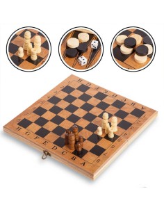 Mediniai šachmatai su medine lenta + šaškės ir nardai