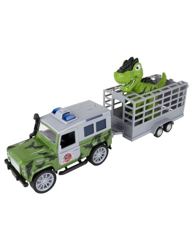 JEEP automobilis su priekaba ir dinozauru