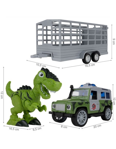 JEEP automobilis su priekaba ir dinozauru