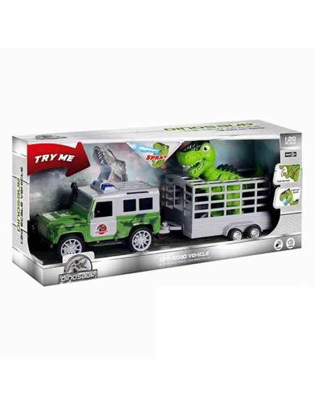 JEEP automobilis su priekaba ir dinozauru