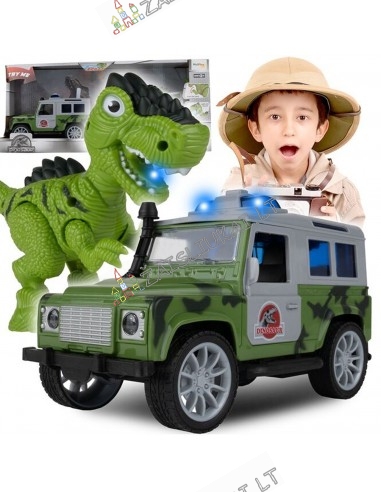 JEEP automobilis su priekaba ir dinozauru