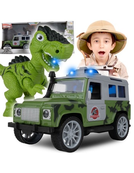 JEEP automobilis su priekaba ir dinozauru