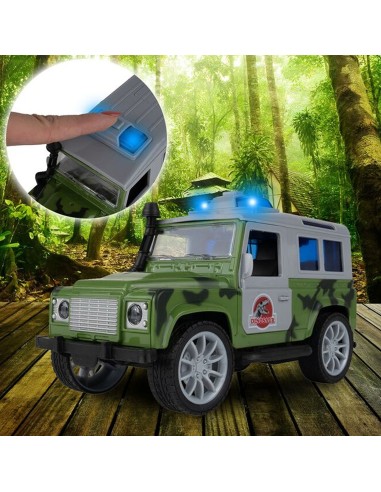 JEEP automobilis su priekaba ir dinozauru