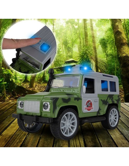 JEEP automobilis su priekaba ir dinozauru
