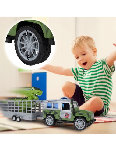 JEEP automobilis su priekaba ir dinozauru