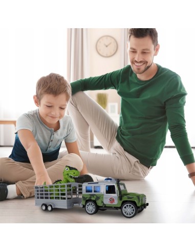JEEP automobilis su priekaba ir dinozauru