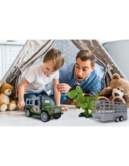 JEEP automobilis su priekaba ir dinozauru