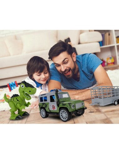 JEEP automobilis su priekaba ir dinozauru