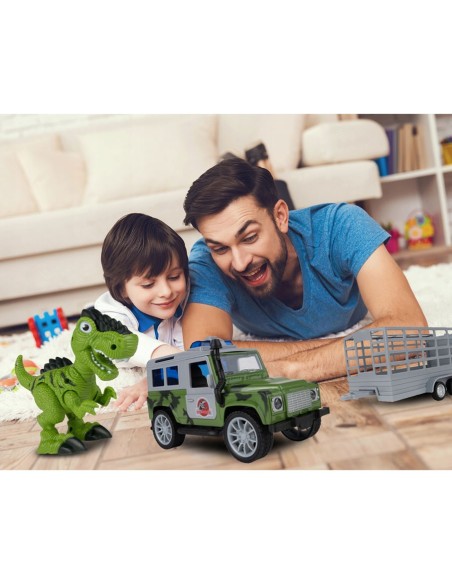 JEEP automobilis su priekaba ir dinozauru
