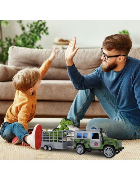 JEEP automobilis su priekaba ir dinozauru