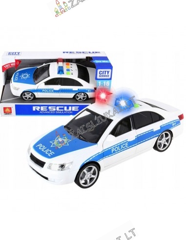 Balta Policijos mašina su garsais ir šviesa, atsidaro durys