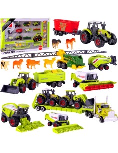 Didelis rinkinys mažų modeliukų - Žemės ūkio technika su gyvūnais