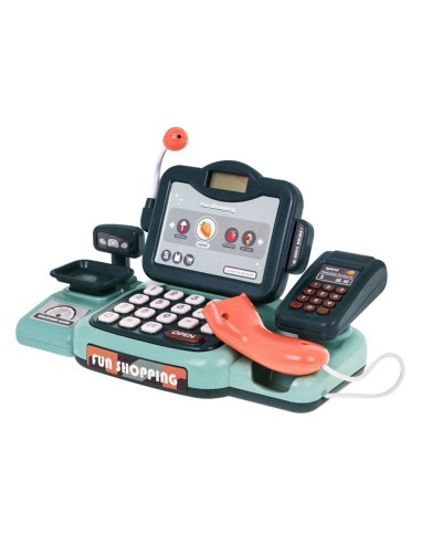 Tikroviškas parduotuvės rinkinys: veikiantis mikrofonas, skaitytuvas ir svarstyklės