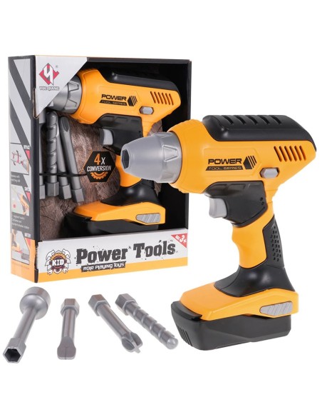 Geltonas elektrinis grąžtas atsuktuvas + 4 keičiami antgaliai + nuimama baterija