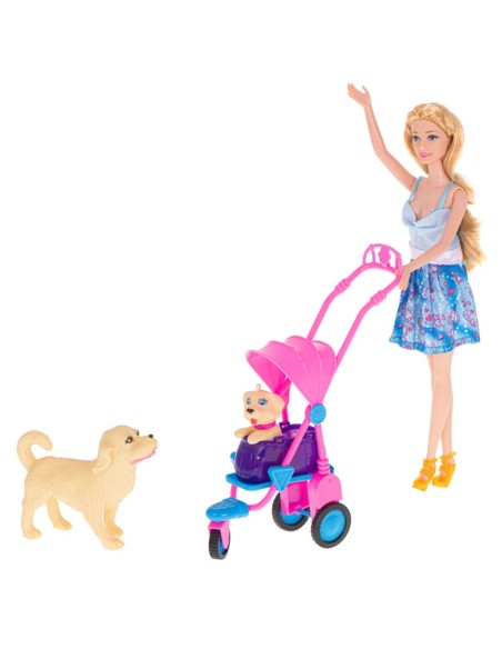 Lėlė su šunimis vežimėlyje