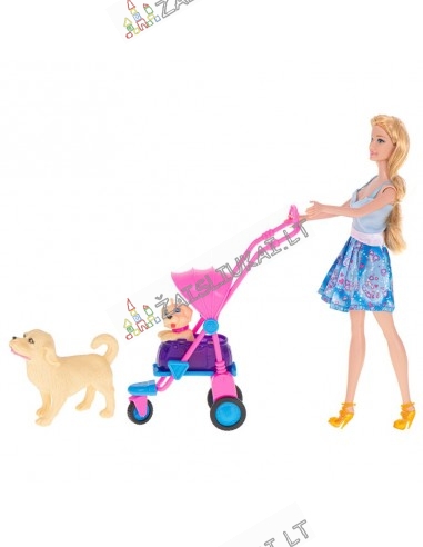 Barbies tipo lėlė 29 cm su šunimis vežimėlyje