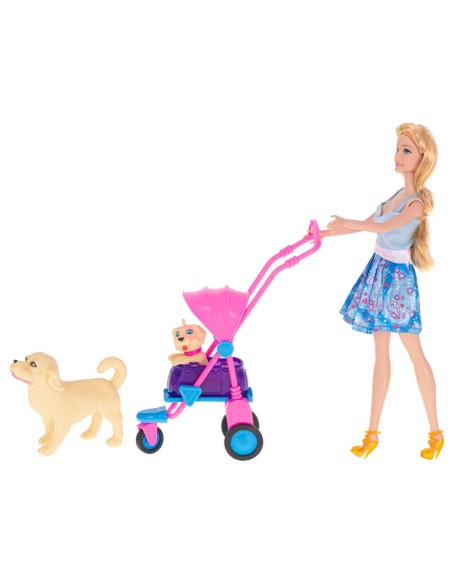 Barbies tipo lėlė 29 cm su šunimis vežimėlyje