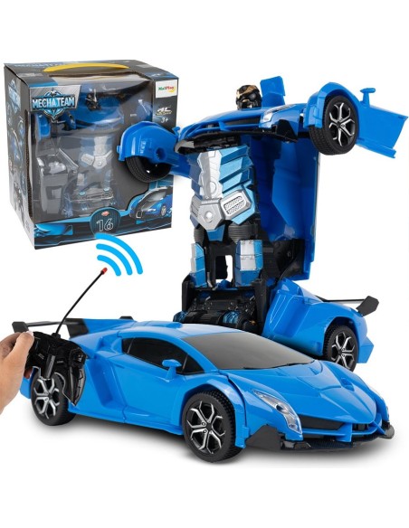 Mėlynas robotas transformuojantis į automobilinį žaislą su nuotolinio valdymo pulteliu