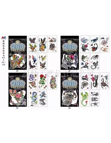 Vaikiškos lipdomos tatuiruotės su paukščiais, gyvatėmis ir skorpionais