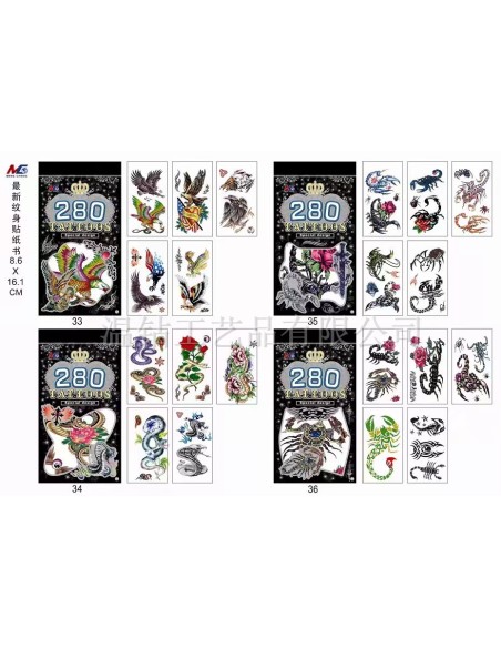 Vaikiškos lipdomos tatuiruotės su paukščiais, gyvatėmis ir skorpionais