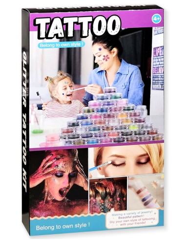 Didelis tatuiruočių rinkinys su blizgučiais ir tatuiruočių trafaretais