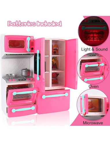 Rožinė žaislinė virtuvėlė su atidarytomis durelėmis ir aksesuarais