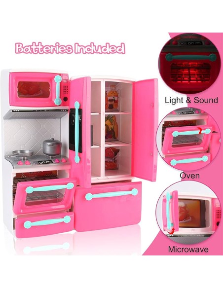 Rožinė žaislinė virtuvėlė su atidarytomis durelėmis ir aksesuarais