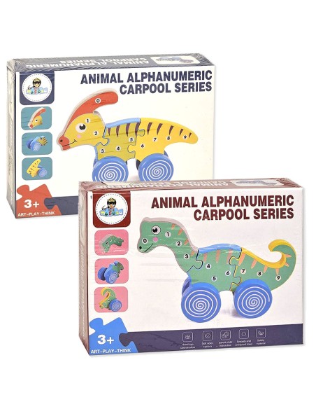 Animal Alphanumeric Carpool Series: Medinė 3D Dėlionė Dinozauras ant Ratukų