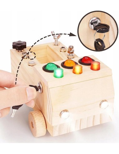 „Mokomasis Inžinierius“: Medinis „Montessori“ Automobilis su Įrankiais ir LED Lemputėmis.