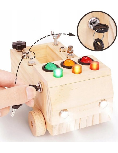 „Mokomasis Inžinierius“: Medinis „Montessori“ Automobilis su Įrankiais ir LED Lemputėmis.