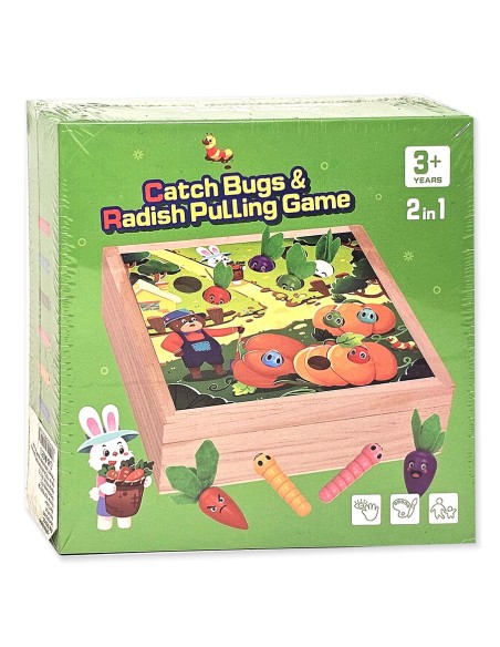 Sodo nuotykiai: 2in1 Medinis rūšiavimo žaidimas su vikšriukais ir morkomis