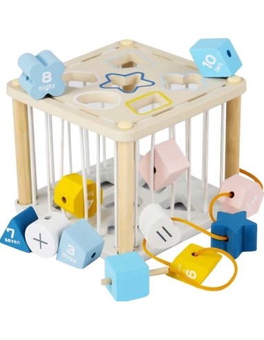 Montessori Medinė Rūšiuoklė - sensorinis kubas su vėrimo priemonė