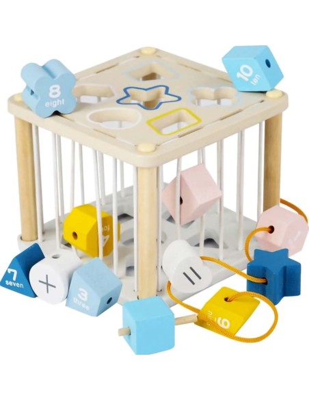 Montessori Medinė Rūšiuoklė - sensorinis kubas su vėrimo priemonė