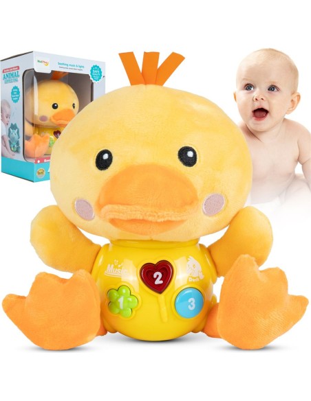 Muzikinis Pliušinis Ančiukas su Judančiu Kūnu: Sensorinis Lavinamasis Žaislas Nuo 6 Mėnesių.