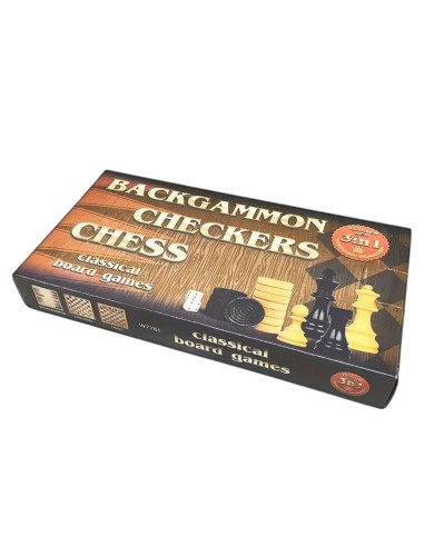 Mediniai šachmatai su medine lenta 24 cm + šaškės ir nardai W7781