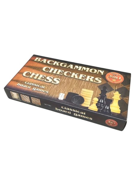 Mediniai šachmatai su medine lenta 24 cm + šaškės ir nardai W7781