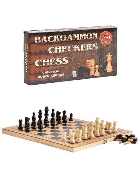 Mediniai šachmatai su medine lenta 29 cm + šaškės ir nardai W7782