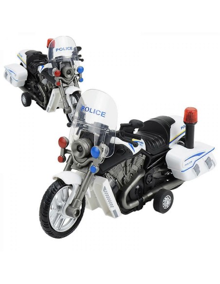 Inercinis policijos motociklas: tikroviška sirena, švyturėliai ir 1:28 mastelis