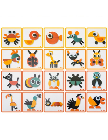 Montessori medinė dėlionė: 29 geometrinės figūros ir 20 kūrybinių kortelių