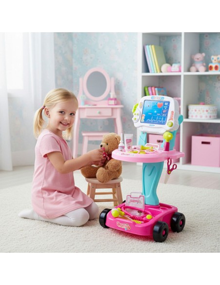 Mažojo gydytojo XXL rinkinis rožiniame vežimėlyje – interaktyvi klinika namuose