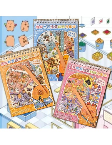 Kūrybinis 3D lipdukų albumas su kapibaromis Mini World: 8 scenos, lipdukai ir pincetas