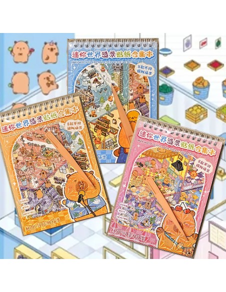 Kūrybinis 3D lipdukų albumas su kapibaromis Mini World: 8 scenos, lipdukai ir pincetas