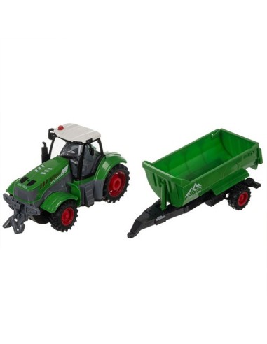 Žalias nuotolinio valdymo traktorius su LED žibintais ir atverčiama priekaba