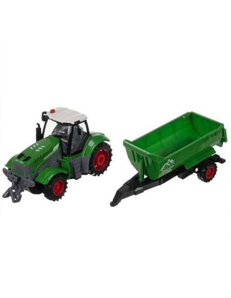 Žalias nuotolinio valdymo traktorius su LED žibintais ir atverčiama priekaba