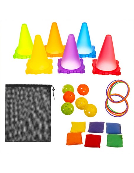 „3 viename“ taiklumo žaidimas vaikams: lankai, kamuoliukai, kūgiai ir maišeliai!