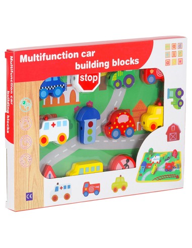 Medinės sriegimo kaladėlės „Transportas“ – 12 automobilių, lenta ir begalė atradimų