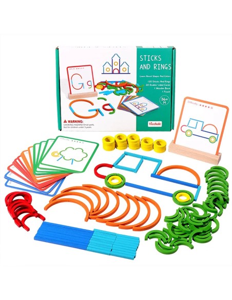 Montessori medinė dėlionė „Pagaliukai ir žiedai“ – 120 detalių kūrybiškumo mokykla!