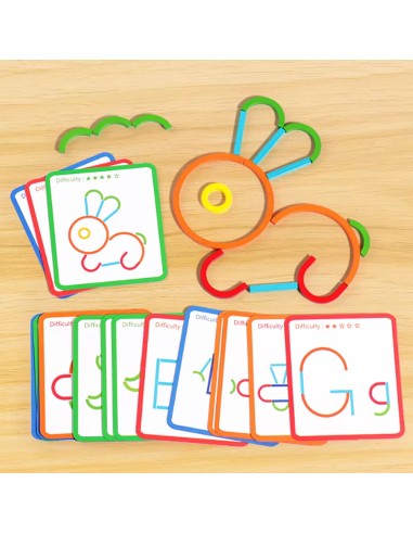 Kūrybinis rinkinys „Sticks and Rings“ – Montessori dėlionė su 120 detalių ir 20 kortelių