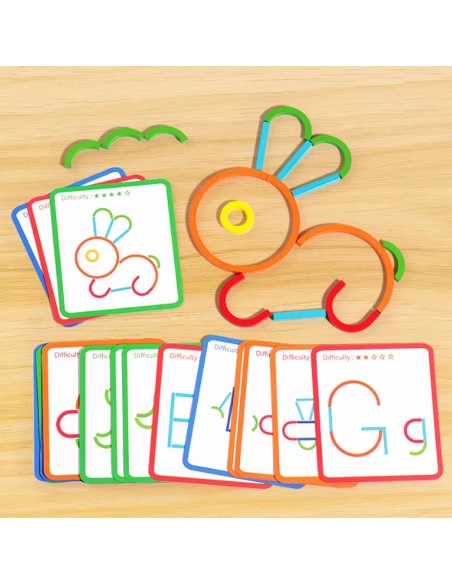 Kūrybinis rinkinys „Sticks and Rings“ – Montessori dėlionė su 120 detalių ir 20 kortelių