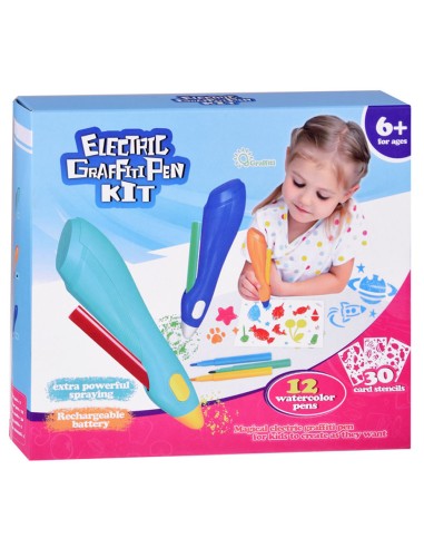 Interaktyvus purškiamojo meno rinkinis: 12 spalvų ir 30 trafaretų kūrybai